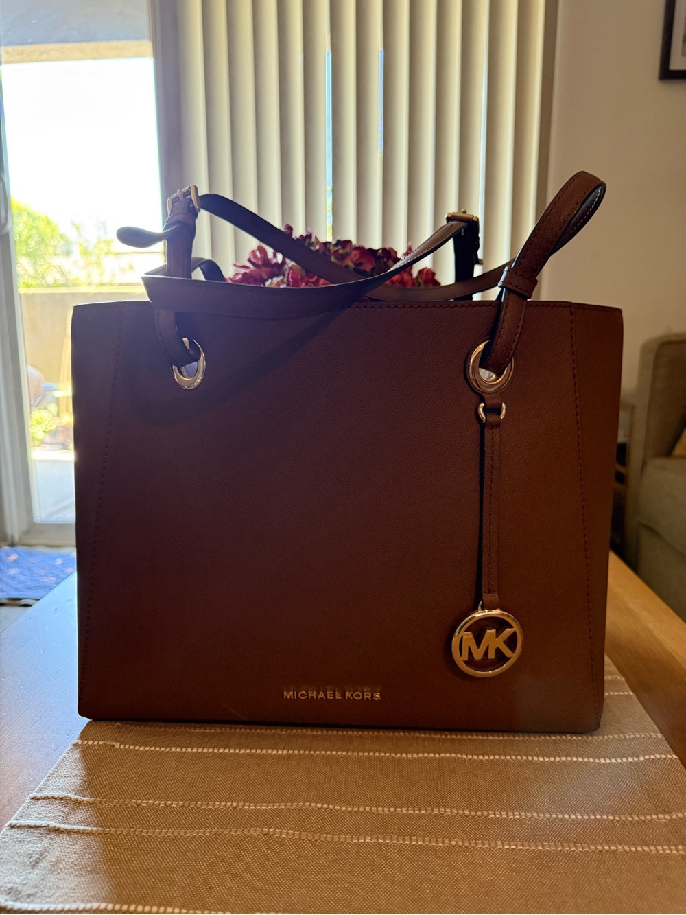 Michael Kors Amber Brown Saffiano Tote with Gold Hardware